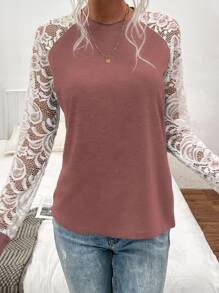SHEIN LUNE Camiseta con encaje en contraste de manga raglán - Rosa vieja - Ver 5