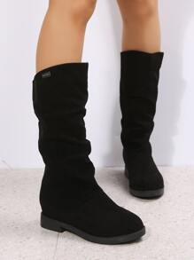 Women Hidden Heel Pleated Slip-On Mid-Calf Boots, Solid Color Flat Casual Boots - Black - View 2