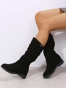 Women Hidden Heel Pleated Slip-On Mid-Calf Boots, Solid Color Flat Casual Boots - Black - View 4