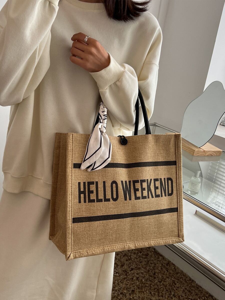 Bolso de yute con estampado de corazón, bolso de regalo de gran capacidad, bolso de compras reutilizable portátil, bufanda delgada con gráfico de letras, bolso de tote, bolso escolar, gran capacidad, portátil, casual clásico, adecuado para adolescentes, mujeres, estudiantes universitarios, trabajadores de cuello blanco, escuela intermedia, escuela secundaria, universidad, vacaciones, playa - Caqui - Ver 1