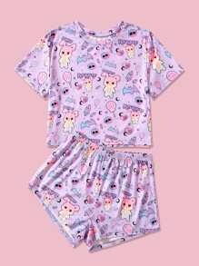 ROMWE Kawaii Letter Cartoon Print Pajama Set - Lilac Purple - View 1
