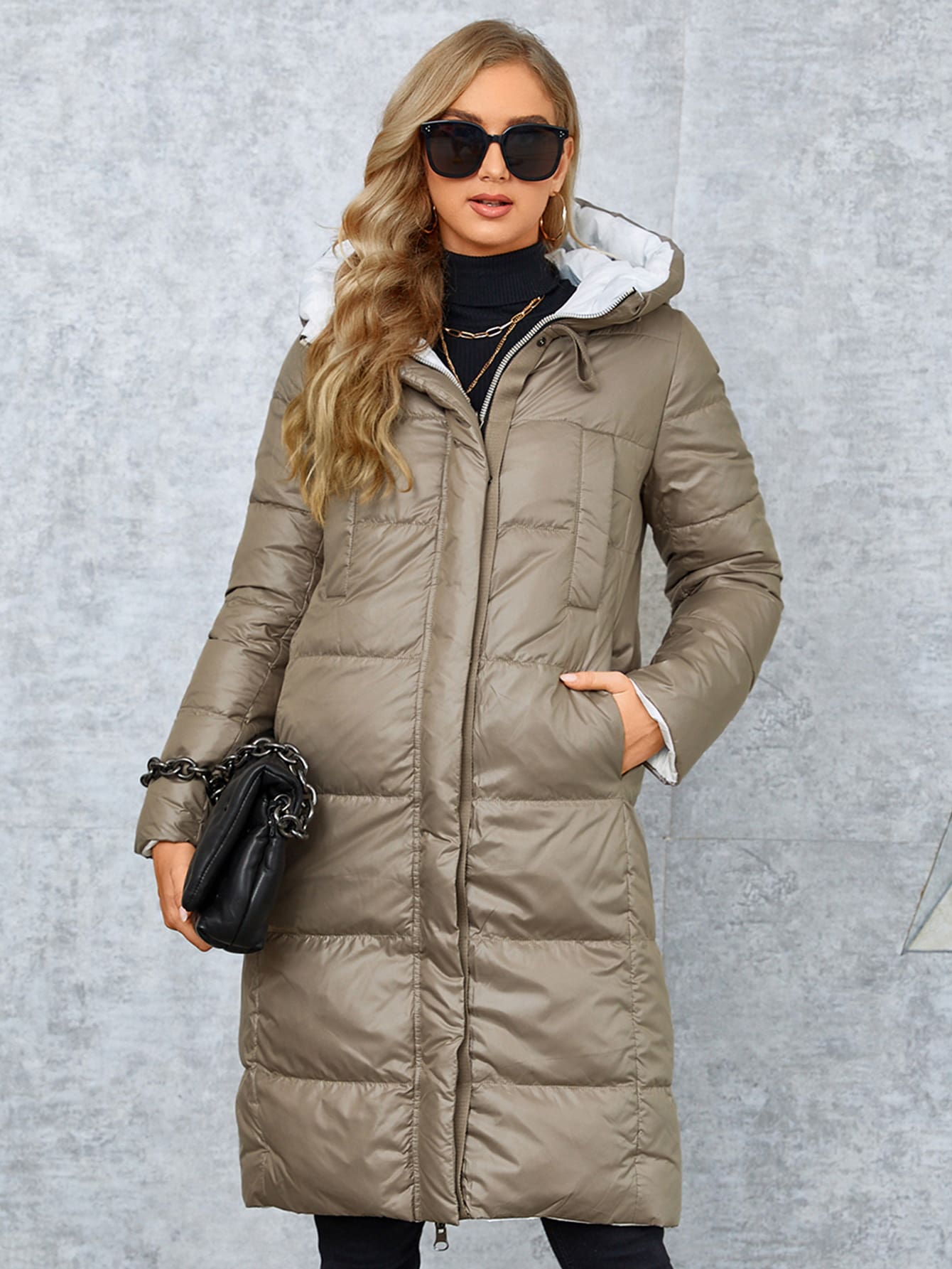 GASMAN Zipper Front Hooded Padded Coat - Mocha Brown - View 1