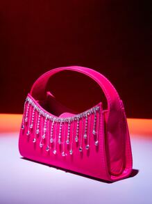 迷你霓虹粉色水鑽流蘇裝飾法棍包 - 玫紅色 - 查看 4