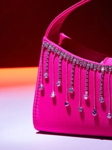 迷你霓虹粉色水鑽流蘇裝飾法棍包 - 玫紅色 - 查看 5