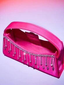 迷你霓虹粉色水鑽流蘇裝飾法棍包 - 玫紅色 - 查看 6