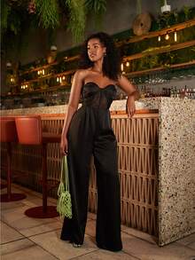 UNIQUE21 Contrast Mesh Bustier Tube Wide Leg Jumpsuit - Black - View 4