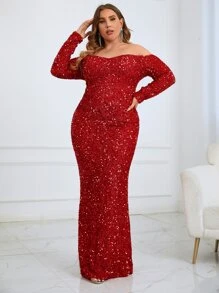 大碼一字肩魚尾裙下擺亮片正式洋裝 - 紅色 - 查看 1