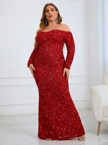 大碼一字肩魚尾裙下擺亮片正式洋裝 - 紅色 - 查看 4