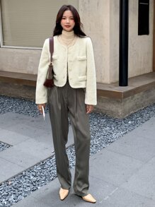 DAZY Damskie Płaszcze Guziki z przodu Prosty Casual - Beżowy - Zobacz 4