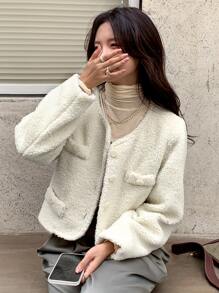 DAZY Damskie Płaszcze Guziki z przodu Prosty Casual - Beżowy - Zobacz 7