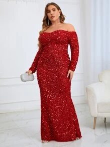 大碼一字肩魚尾裙下擺亮片正式洋裝 - 紅色 - 查看 5