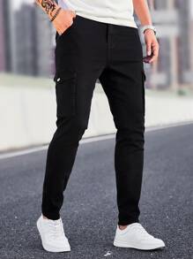 Manfinity Homme Pantalones de carga de hombre de algodón con bolsillo con solapa, ajustados y largos, de lavado oscuro, jean negro liso, adecuados para trabajo de negocios casuales para esposos - Negro - Ver 1