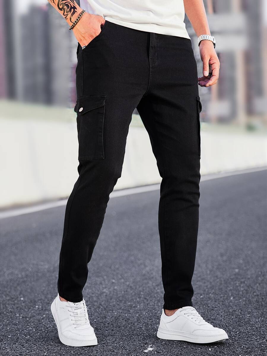 Manfinity Homme Pantalones de carga de hombre de algodón con bolsillo con solapa, ajustados y largos, de lavado oscuro, jean negro liso, adecuados para trabajo de negocios casuales para esposos - Negro - Ver 1