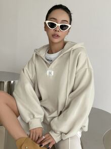 DAZY Hoodie Chi tiết được vá Thả vai Dây rút - Màu be - Xem 1