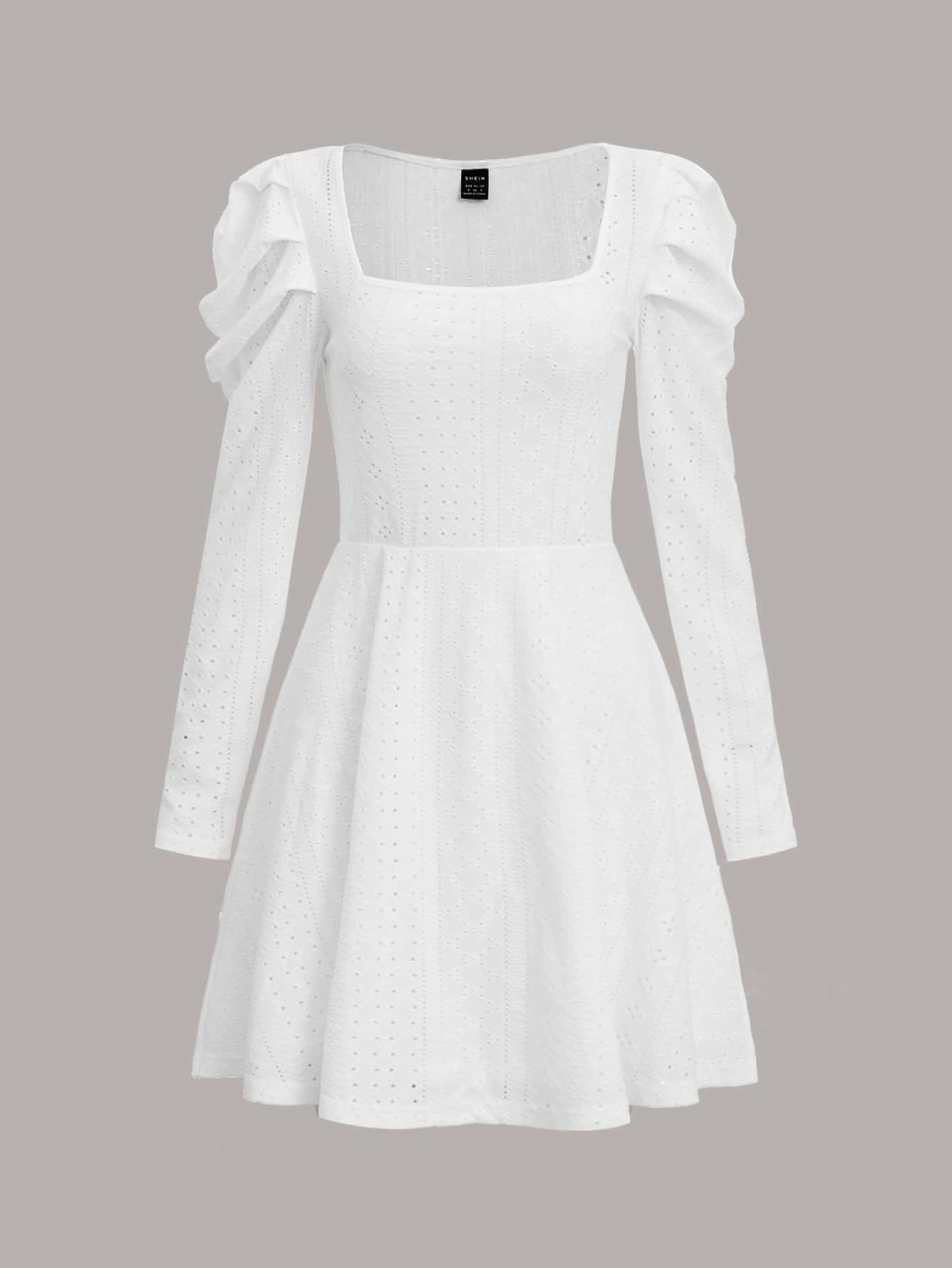 方領羊腿袖網眼刺繡連衣裙 - 白色 - 查看 1