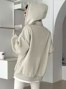 DAZY Hoodie Chi tiết được vá Thả vai Dây rút - Màu be - Xem 5