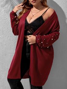 SHEIN LUNE áo hở cổ kích thước lớn Ngọc trai cườm đính màu trơn Giải trí - Màu Đỏ Sâu - Xem 1