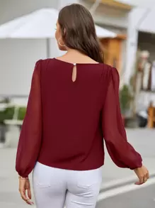 EMERY ROSE Lantern Sleeve Keyhole Back Blouse,Long Sleeve Tops Fall Cloth For Women - Burgundy - View 2