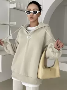 DAZY Hoodie Chi tiết được vá Thả vai Dây rút - Màu be - Xem 7