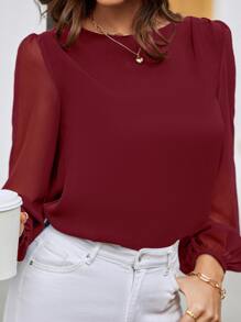 EMERY ROSE Lantern Sleeve Keyhole Back Blouse,Long Sleeve Tops Fall Cloth For Women - Burgundy - View 3