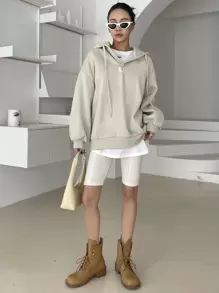 DAZY Hoodie Chi tiết được vá Thả vai Dây rút - Màu be - Xem 8