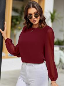 EMERY ROSE Lantern Sleeve Keyhole Back Blouse,Long Sleeve Tops Fall Cloth For Women - Burgundy - View 4