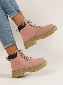 Lace-up Front Combat Boots - Pink - View 1