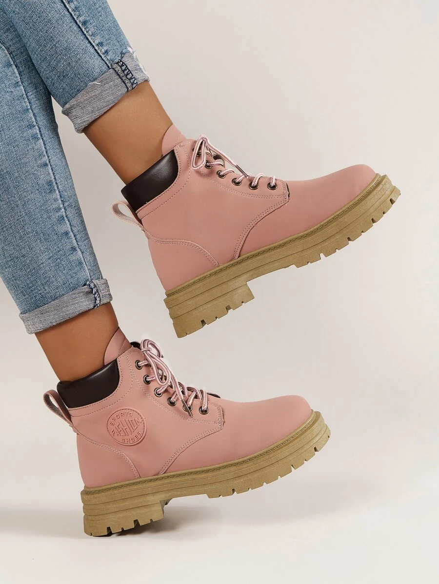 Lace-up Front Combat Boots - Pink - View 1