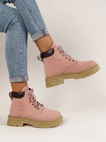 Lace-up Front Combat Boots - Pink - View 2