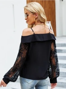 SHEIN LUNE Cold Shoulder Contrast Lace Sleeve Button Up Blouse - Black - View 2