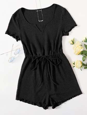 Notched Neck Lettuce Trim Romper