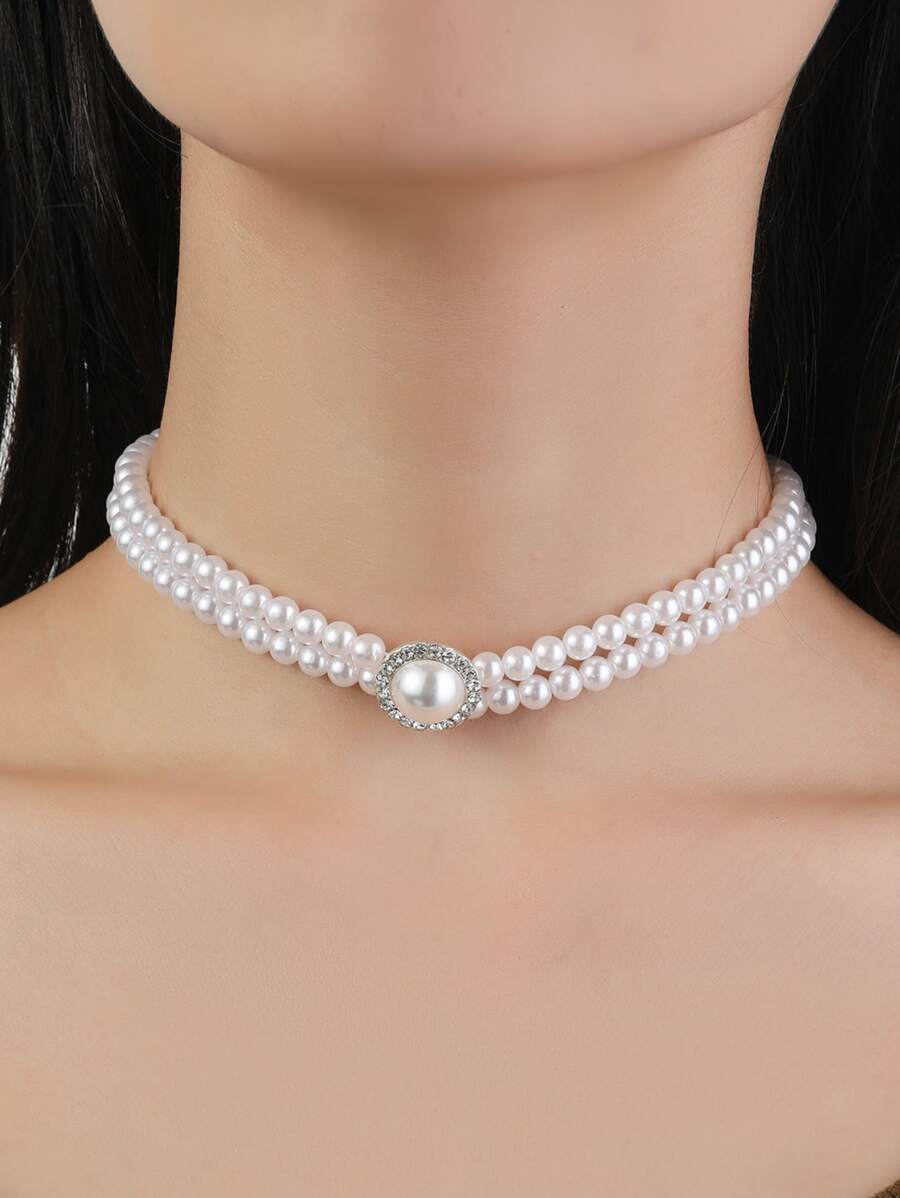 Rhinestone & Faux Pearl Decor Layered Necklace - White - View 1