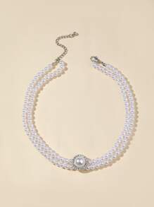 Rhinestone & Faux Pearl Decor Layered Necklace - White - View 2