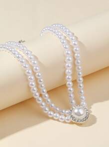 Rhinestone & Faux Pearl Decor Layered Necklace - White - View 3