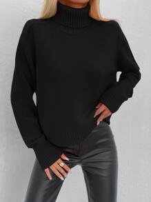 RueChic Solid Raglan Sleeve Turtleneck Sweater - Black - View 2