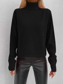 RueChic Solid Raglan Sleeve Turtleneck Sweater - Black - View 5