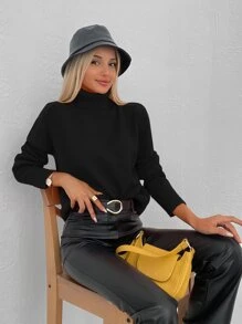 RueChic Solid Raglan Sleeve Turtleneck Sweater - Black - View 6