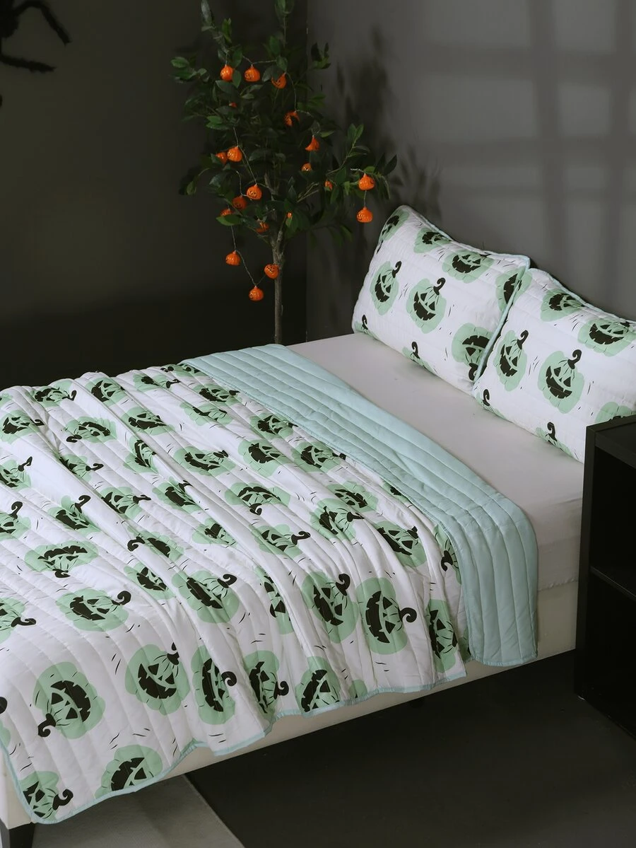 Halloween Pumpkin Print Bedspread Set Without Filler - Multicolor - View 1