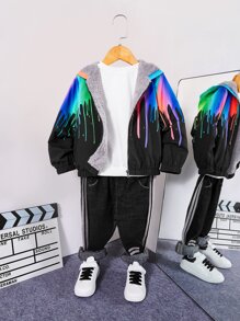 SHEIN Toddler Boys Reflective Colourblock Teddy Liner Hooded Jacket - Multicolor - View 3