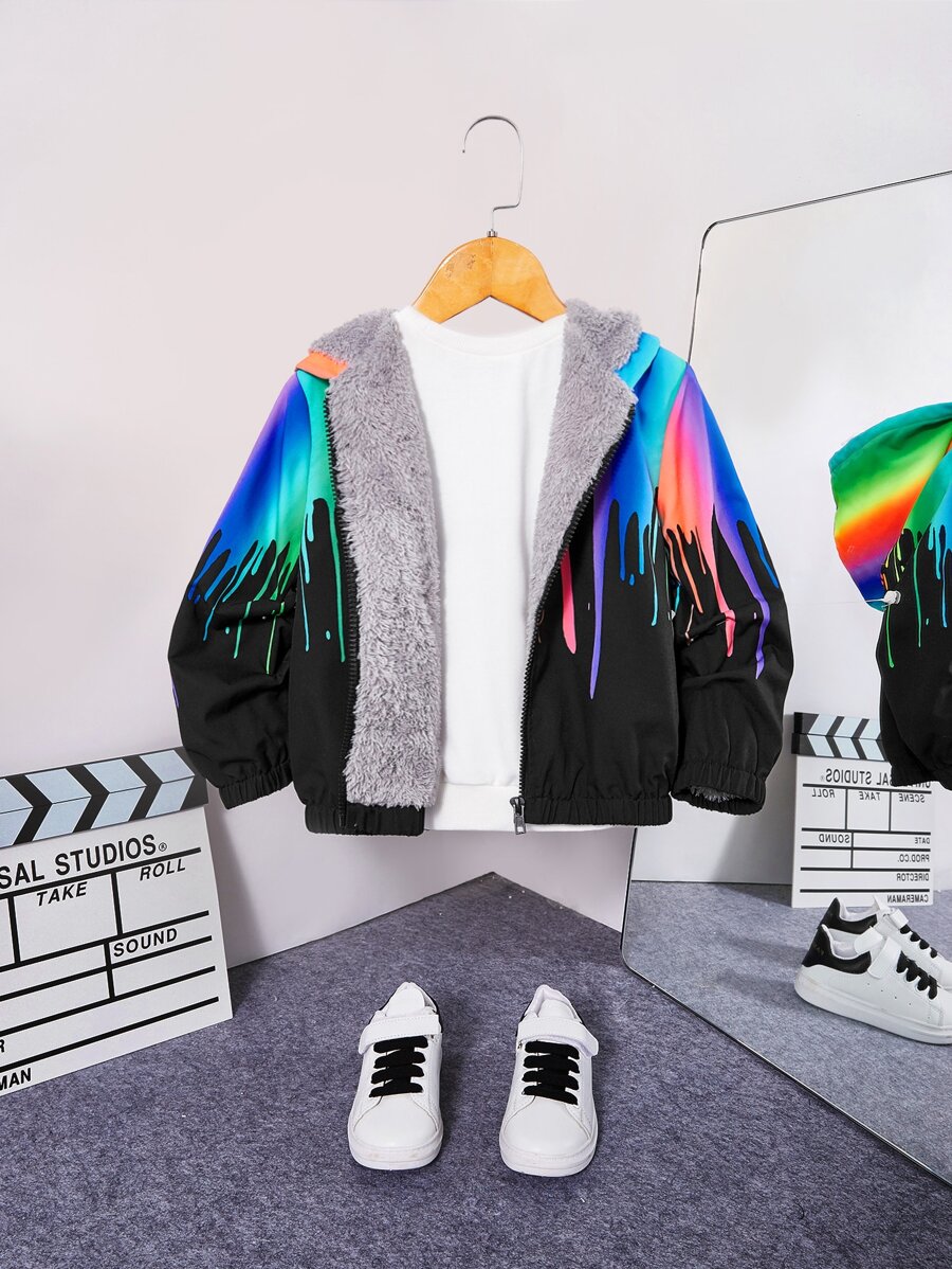 SHEIN Toddler Boys Reflective Colourblock Teddy Liner Hooded Jacket - Multicolor - View 1