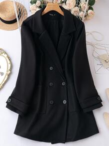 Plus Lapel Neck Double Breasted Overcoat - Black - View 1