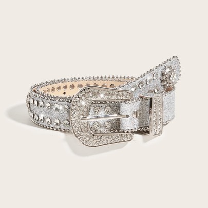 Rhinestone Decor Geometric Buckle Belt