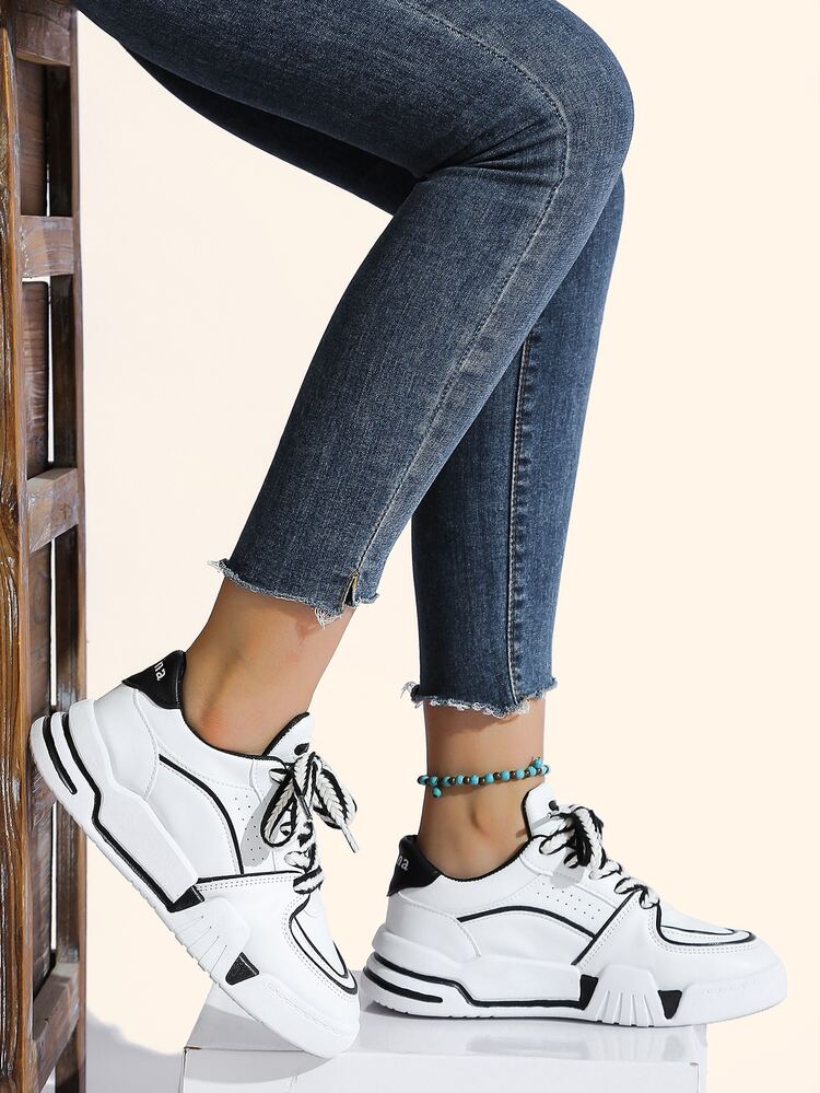 Zapatillas de skate ribete en contraste con cordón delantero - Blanco y Negro - Añade 3
