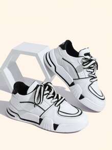 Contrast Piping Lace-up Front Skate Shoes - Black and White - View 4