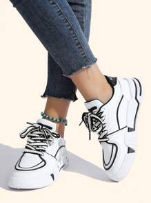 Contrast Piping Lace-up Front Skate Shoes - Black and White - View 6