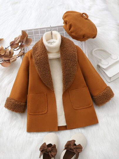 SHEIN Elladie kids Baby Girl Borg Collar Dual Pockets Open Front Coat Hat Without Sweater Brown Autumn
