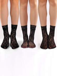 3 Pairs Leopard, Skull, Tiger Print Lace Trim Short Fishnet Socks - Black - View 1