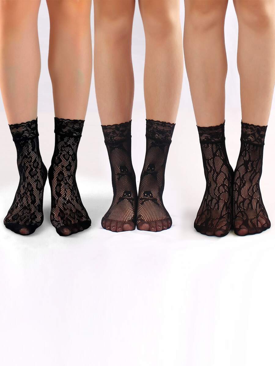 3 Pairs Leopard, Skull, Tiger Print Lace Trim Short Fishnet Socks - Black - View 1