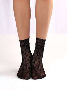 3 Pairs Leopard, Skull, Tiger Print Lace Trim Short Fishnet Socks - Black - View 4