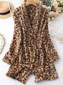 SHEIN LUNE Plus Leopard Shawl Collar Open Front Flannel Coat - Multicolor - View 1